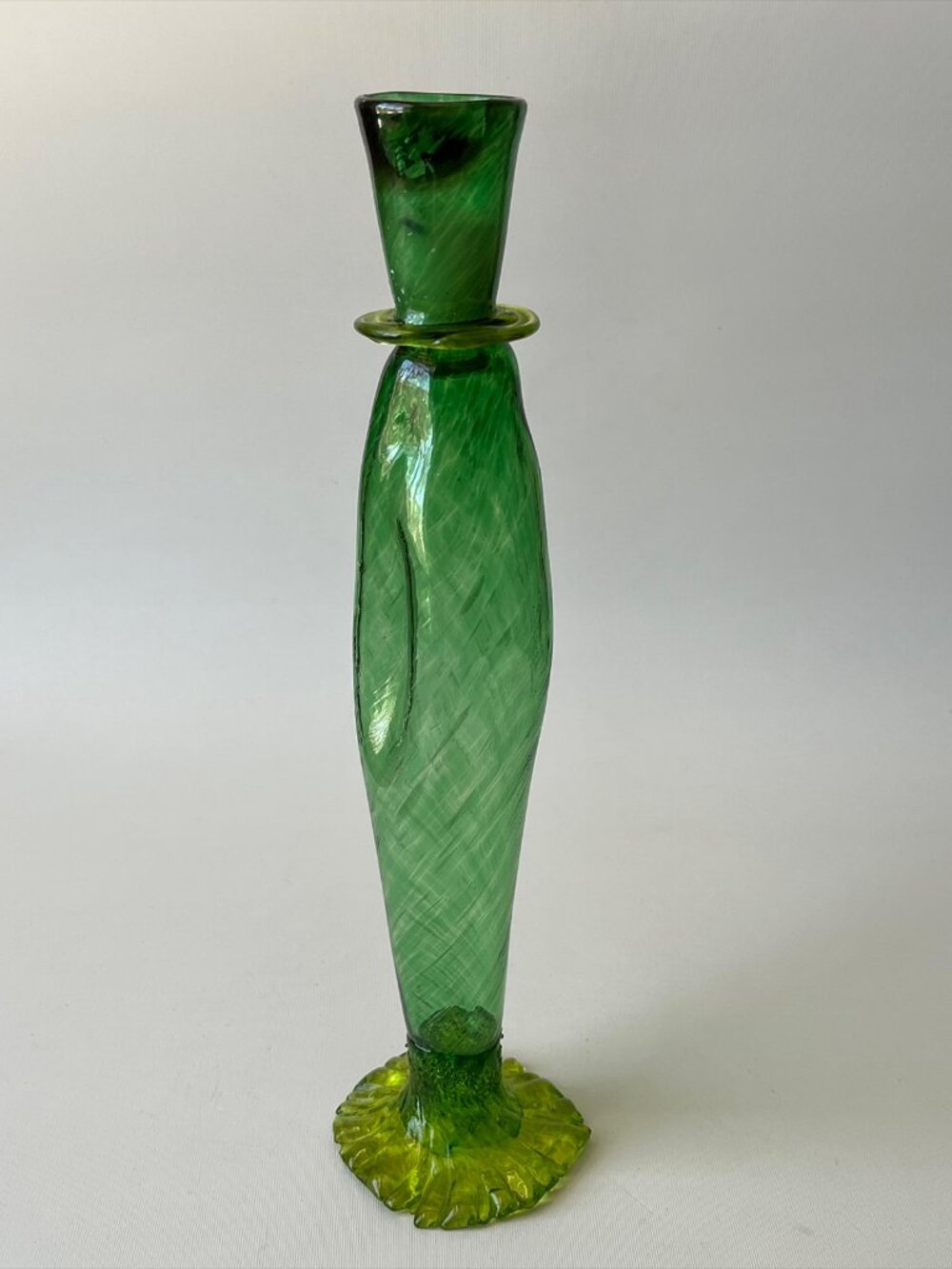 Vintage Hand Blown Green Twisted Art Glass Tall Candle Holder 11.25"